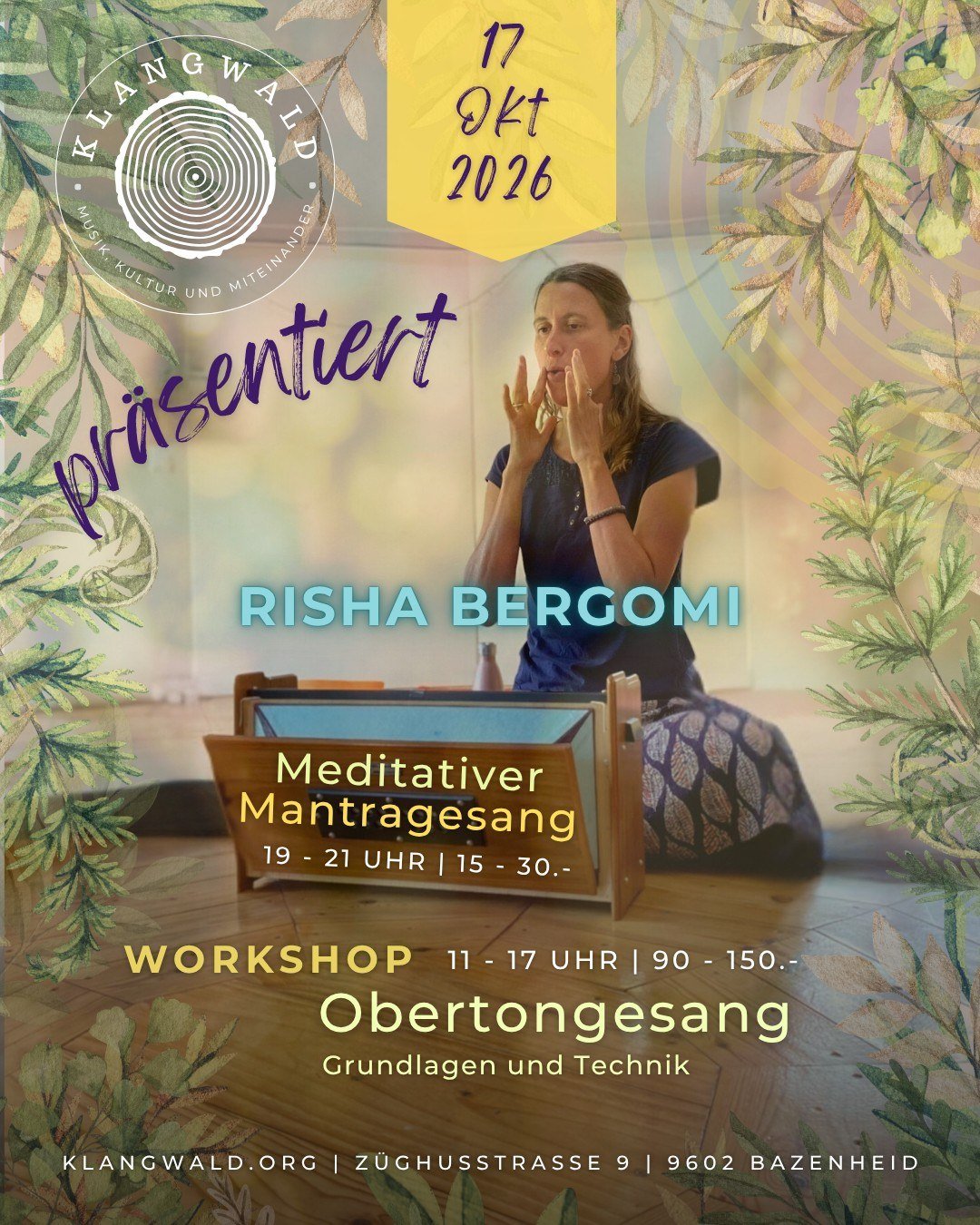 Das Bild zeigt die Künstlerin Risha Claudia Bergomi und den Hinweis auf eine Veranstaltung für einen Obertongesang Workshop und Mantra Singen