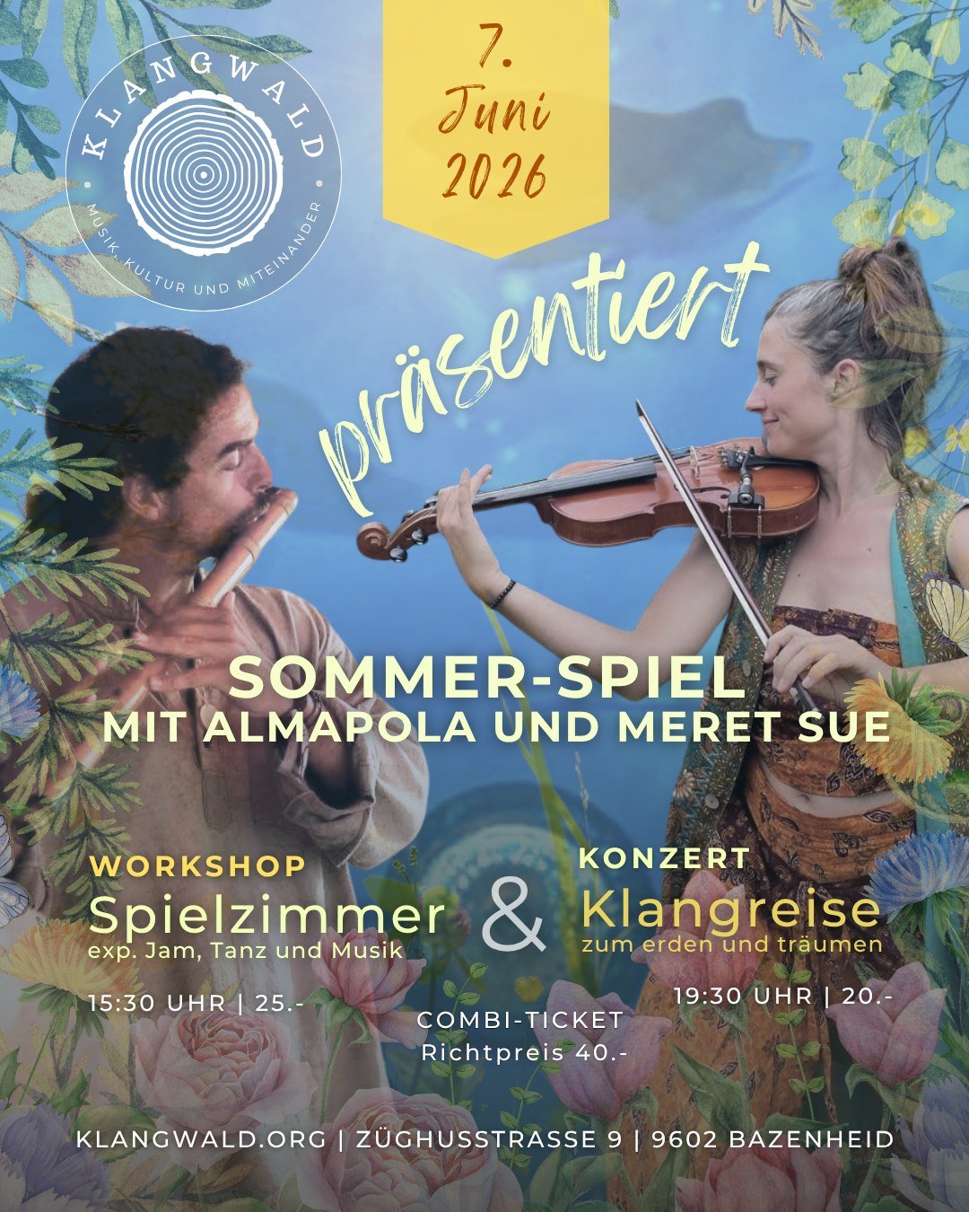 Veranstaltungsplakat für ein Musik- und Kultur-Event am 7. Juni 2026 in Bazenheid. Das Plakat zeigt zwei porträtierte Musiker, den Titel „Sommerspiel“ und die Musiker Alex Almapola und Meret Sue
