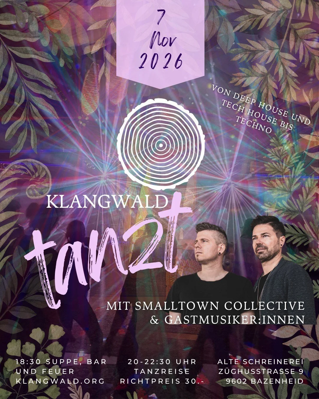 Das Bild zeigt einen Verantstaltungshinweis für einen Tanzabend mit dem Smalltown collective am 7. november 2026 in Bazenhaid