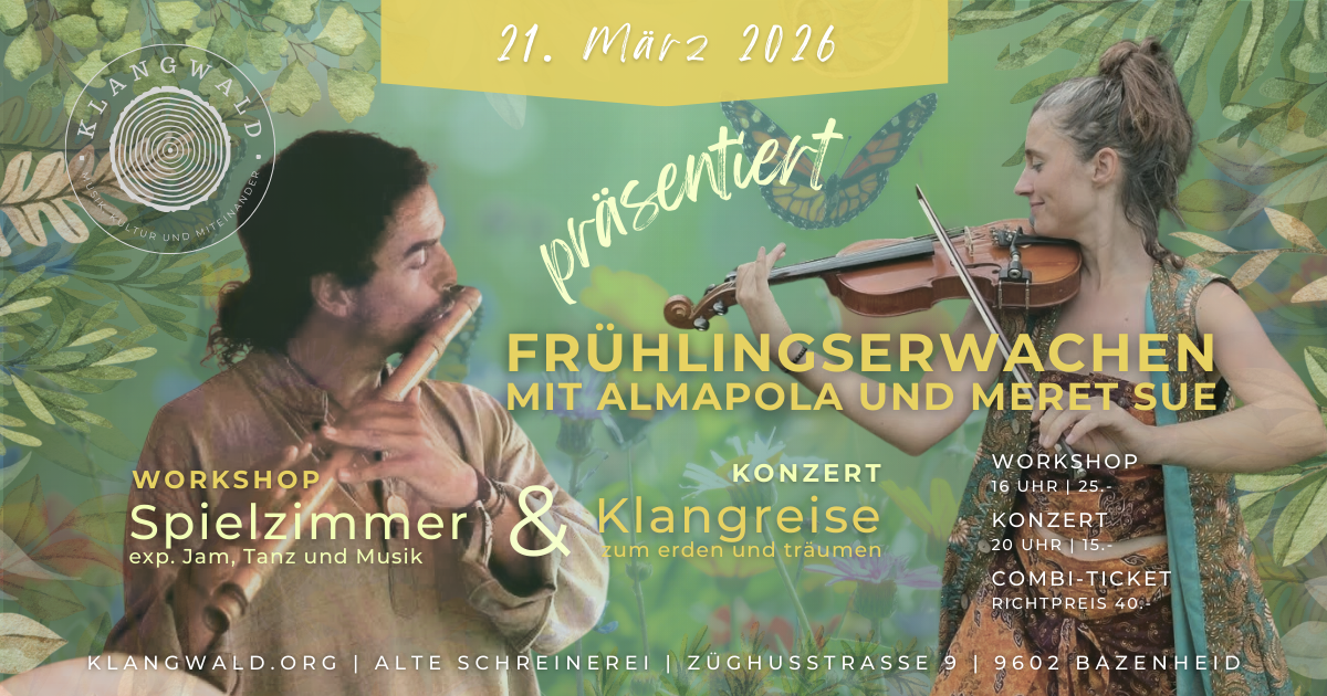 Ein Flyer für ein Frühlingsfest am 21. März 2016 mit Workshops und Konzerten. Im Vordergrund sind ein Mann und eine Frau, die Musik spielen. Im Hintergrund sind grüne Blätter und Schmetterlinge, darunter ein leuchtender Schmetterling.