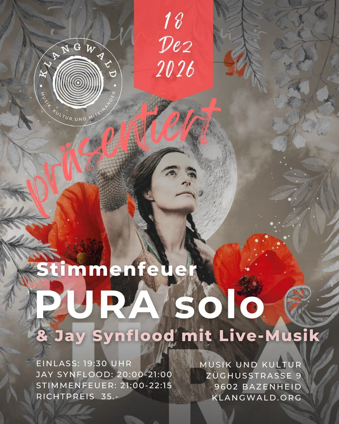 Veranstaltungsplakat für ein Musik- und Kultur-Event am 7. Juni 2026 in Bazenheid. Das Plakat zeigt zwei porträtierte Musiker, den Titel „Pura solo“ und die Musikerin Ziska von Crayen und Jay Synflood 