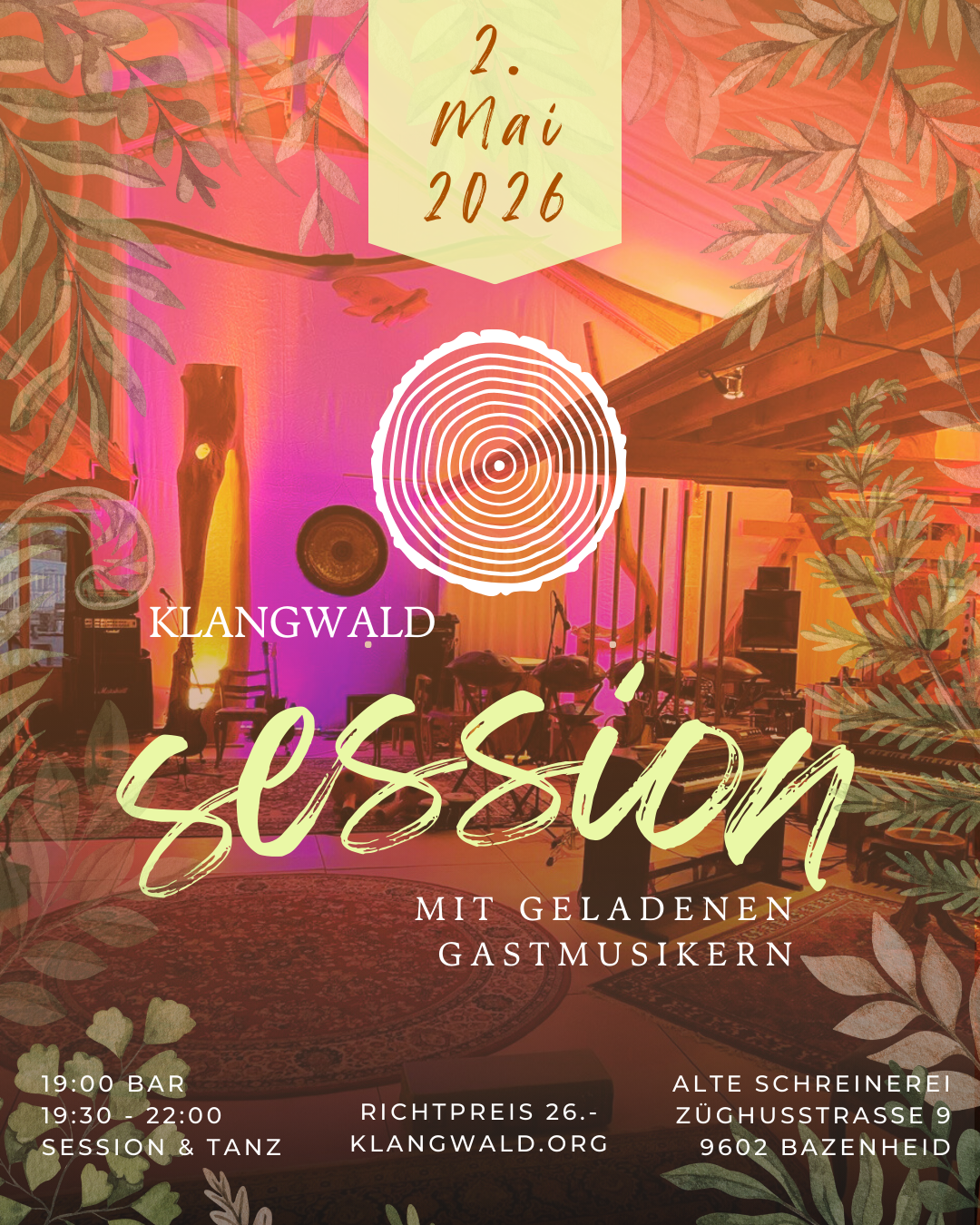 Ein farbenfrohes Plakat für eine Winterpause-Veranstaltung in Klangwald, mit einem Musikraum im Hintergrund, gedeckt mit Blättern und einem Baumstamm, inklusive Veranstaltungsdetails in deutscher Sprache.