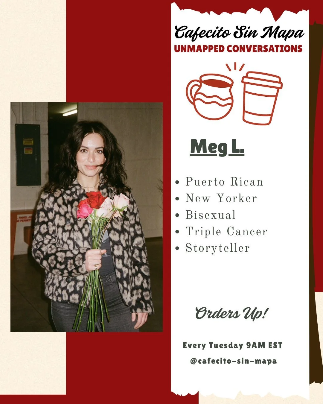 Promotional photo for a podcast called Cafecito Sin Mapa, where the host interviews other Latinas on life.