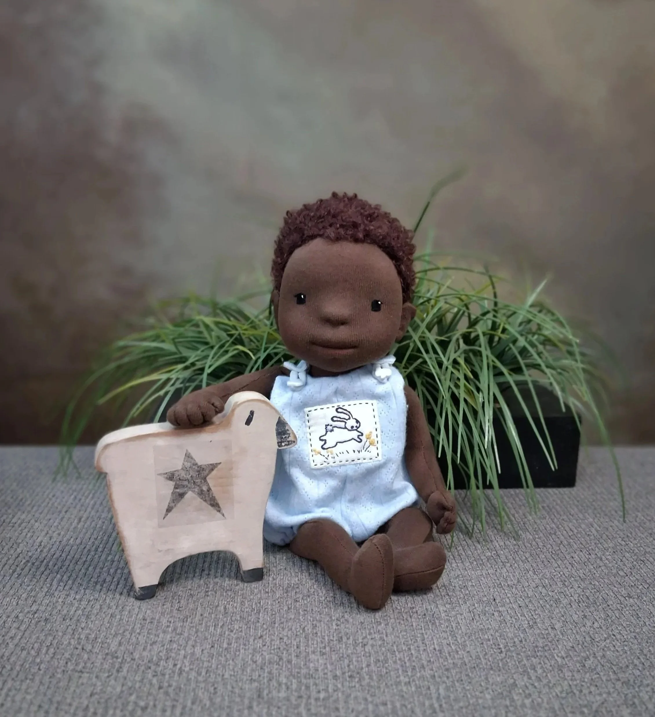 Waldorf inspired natural fiber African American art doll - Randy