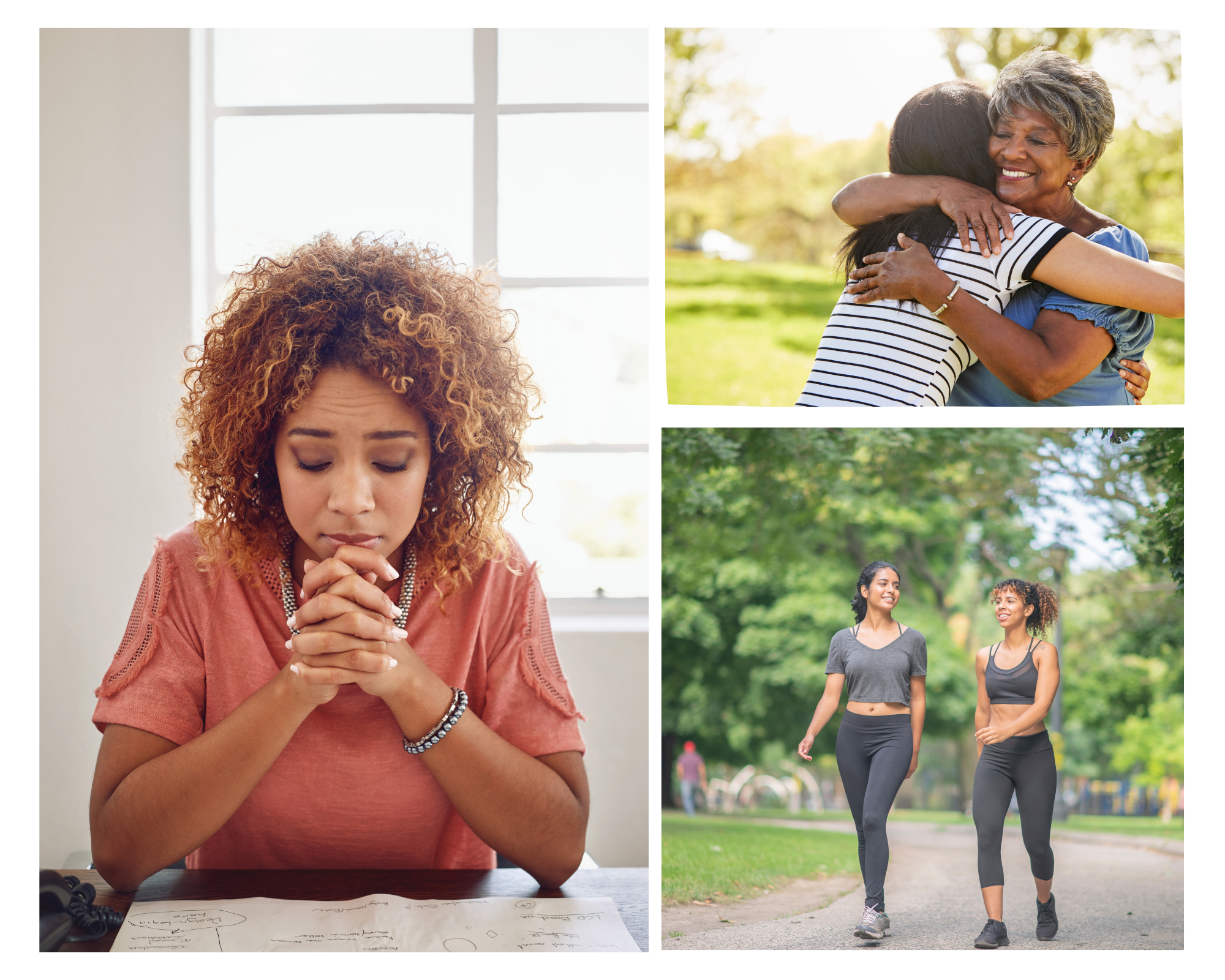 A collage showing a woman feeling stressed, two people walking outdoors, and a warm hug, symbolizing support and calming techniques for when feeling dysregulated.