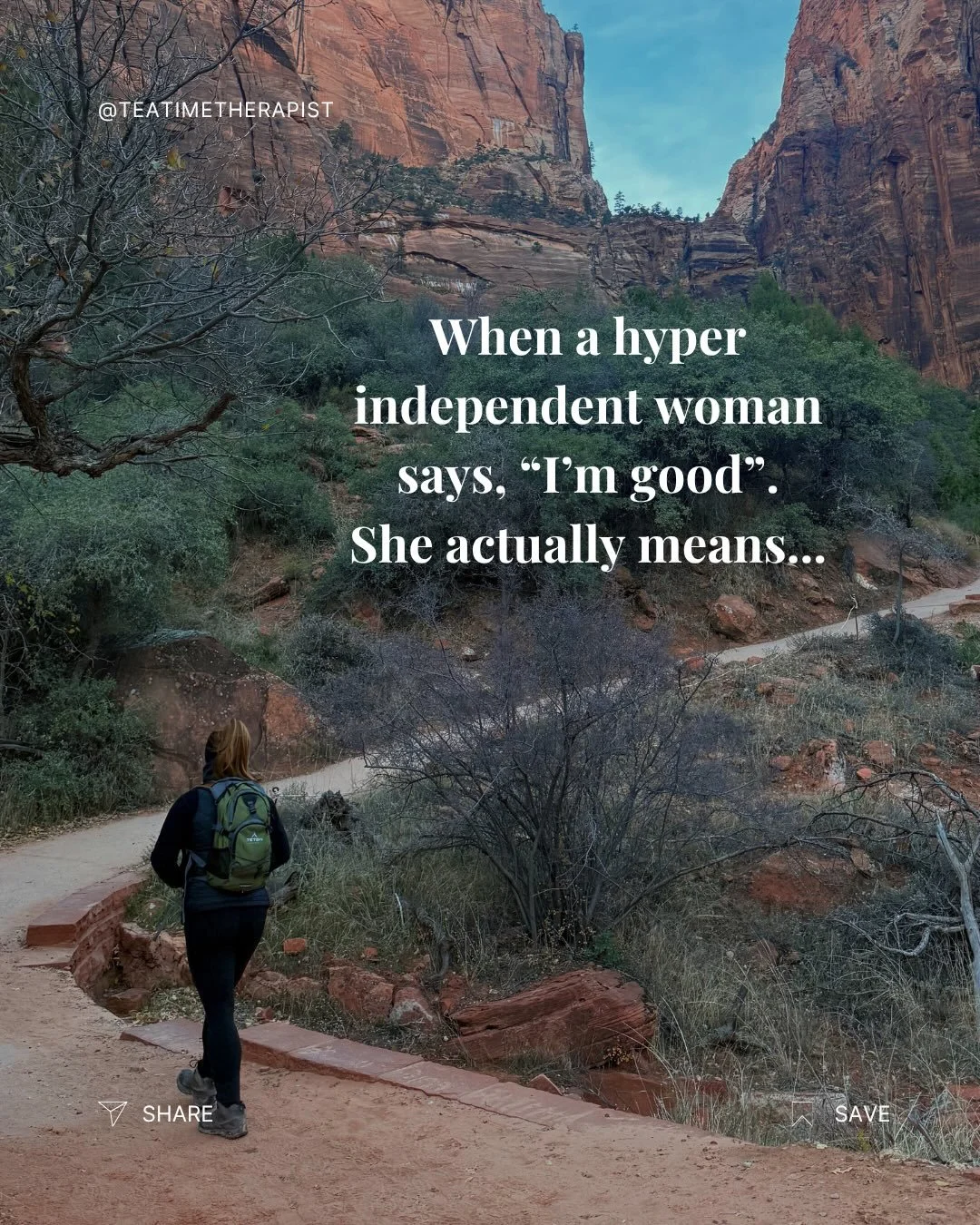 These are just a few of the things in hear weekly. 

Hyper independence can feel so crushing because you really don&rsquo;t see it.

So next time that friend says she&rsquo;s good, maybe check in again. 🫶🏻

#hyperindependence #relationaltrauma #inn