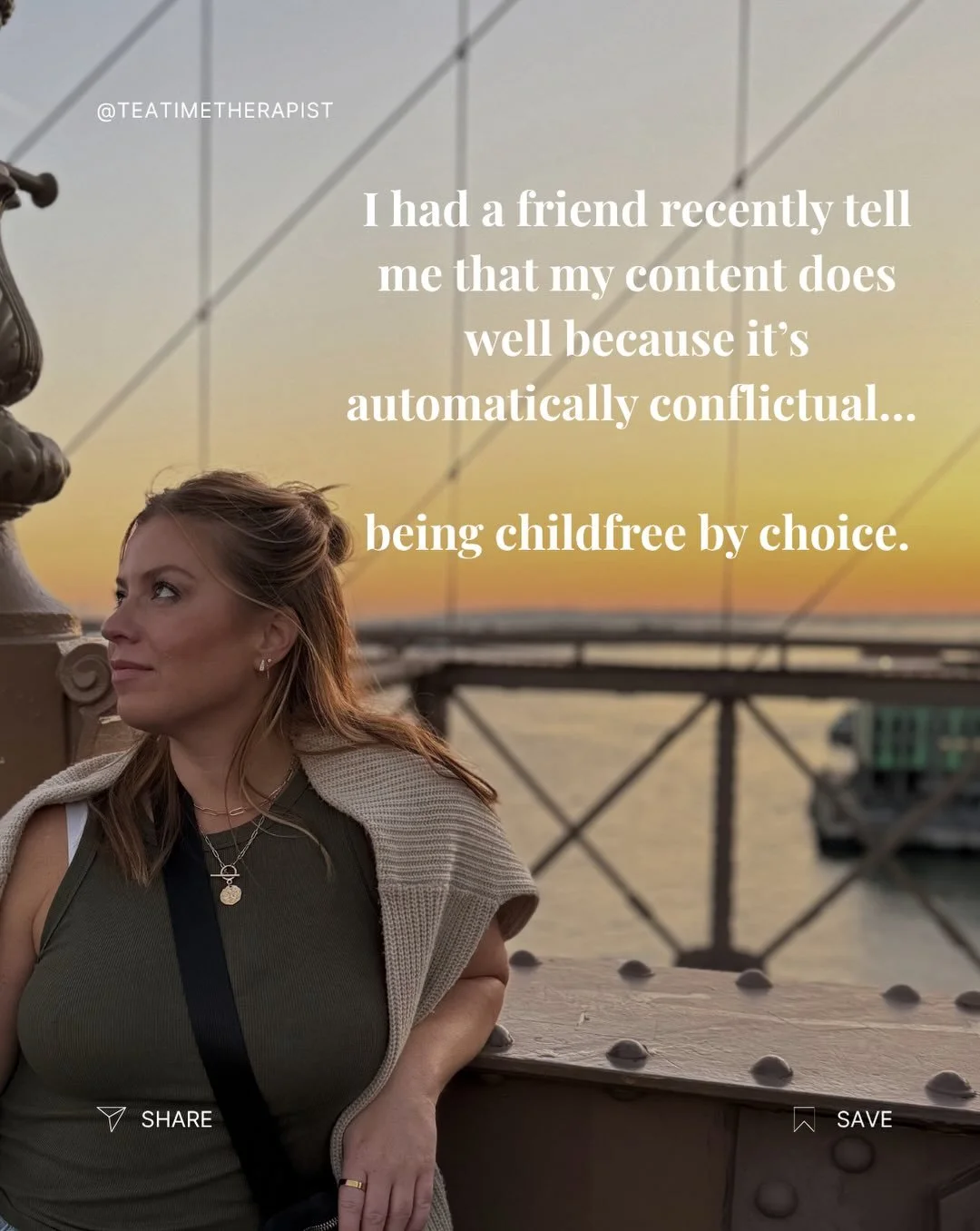 The purpose of posting child free content, isn&rsquo;t to divide. 

It&rsquo;s to show a different experience. 

To represent a group of women who often are pushed aside and othered. 

If anything I think understanding other groups of people is one o