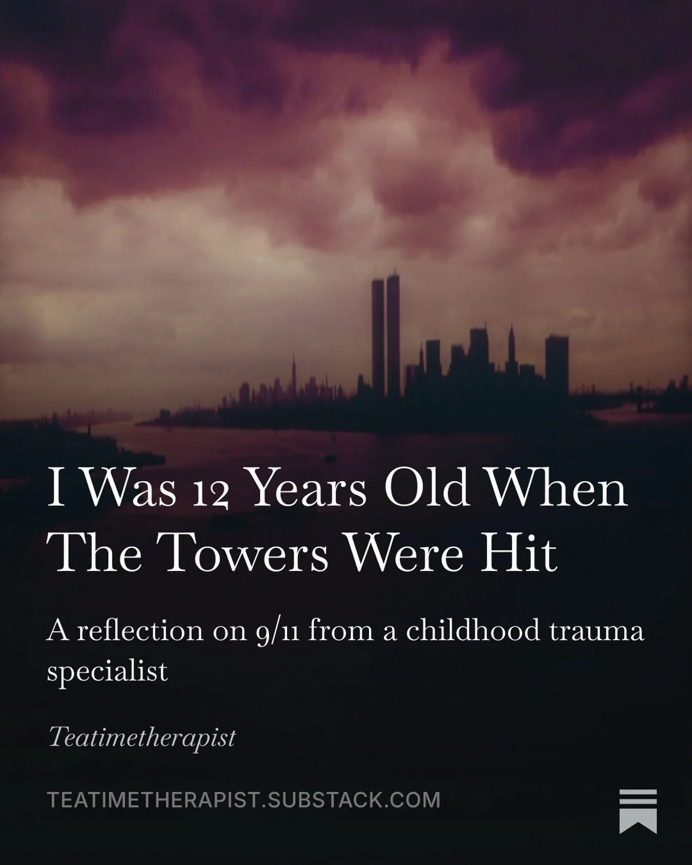 I remember walking down and seeing my mom and dad staring at the TV, my older sister sitting on the couch, and so my twin and I sat on the edge of the step down to the living room. I saw a huge building on fire. It was September 11th, 2001.
I knew wh