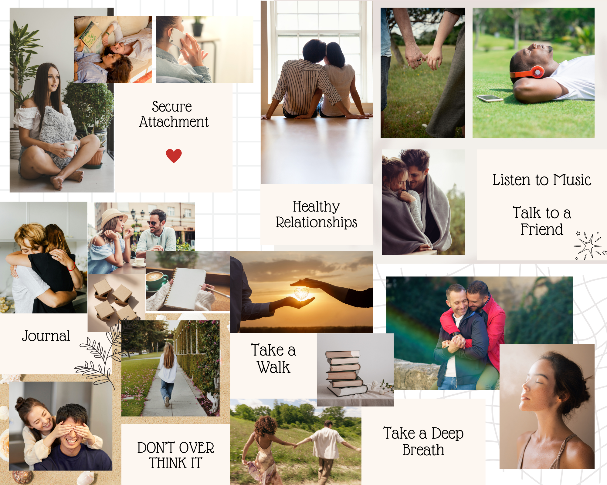 A collage illustrating calming tools, secure connection, and healthy relationships—with images of journaling, walking, deep breathing, and supportive moments—designed to help people navigate dating with an anxious attachment style.