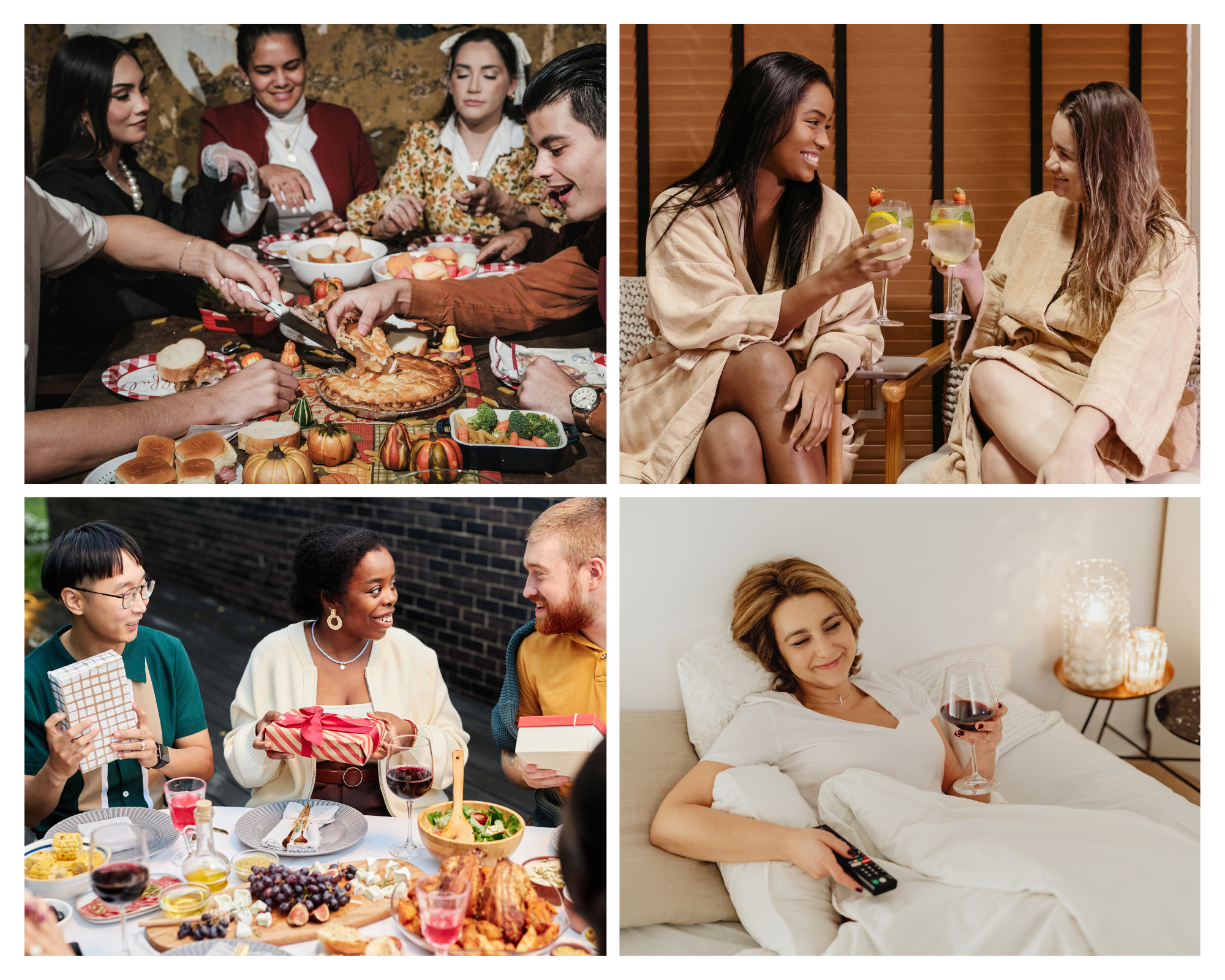 Collage of holiday moments showing child-free adults enjoying gatherings, gift exchanges, spa relaxation, and cozy solo time with wine during the festive season.