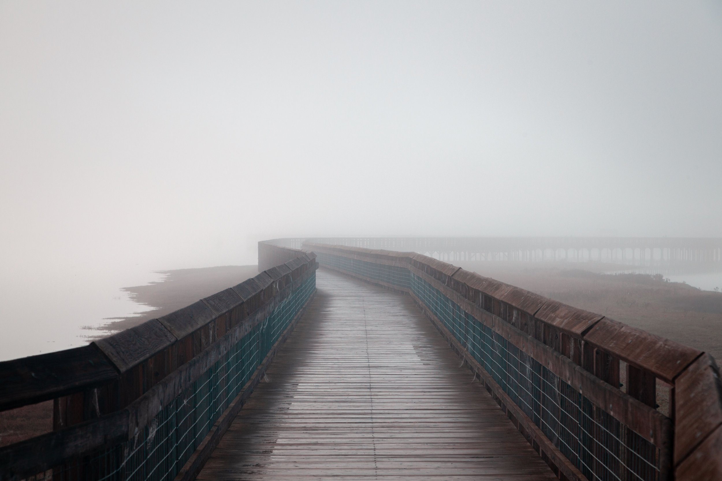 Fog-covered boardwalk symbolizing the uncertainty, transition, and identity crisis that can happen as emotional healing reshapes your sense of self.