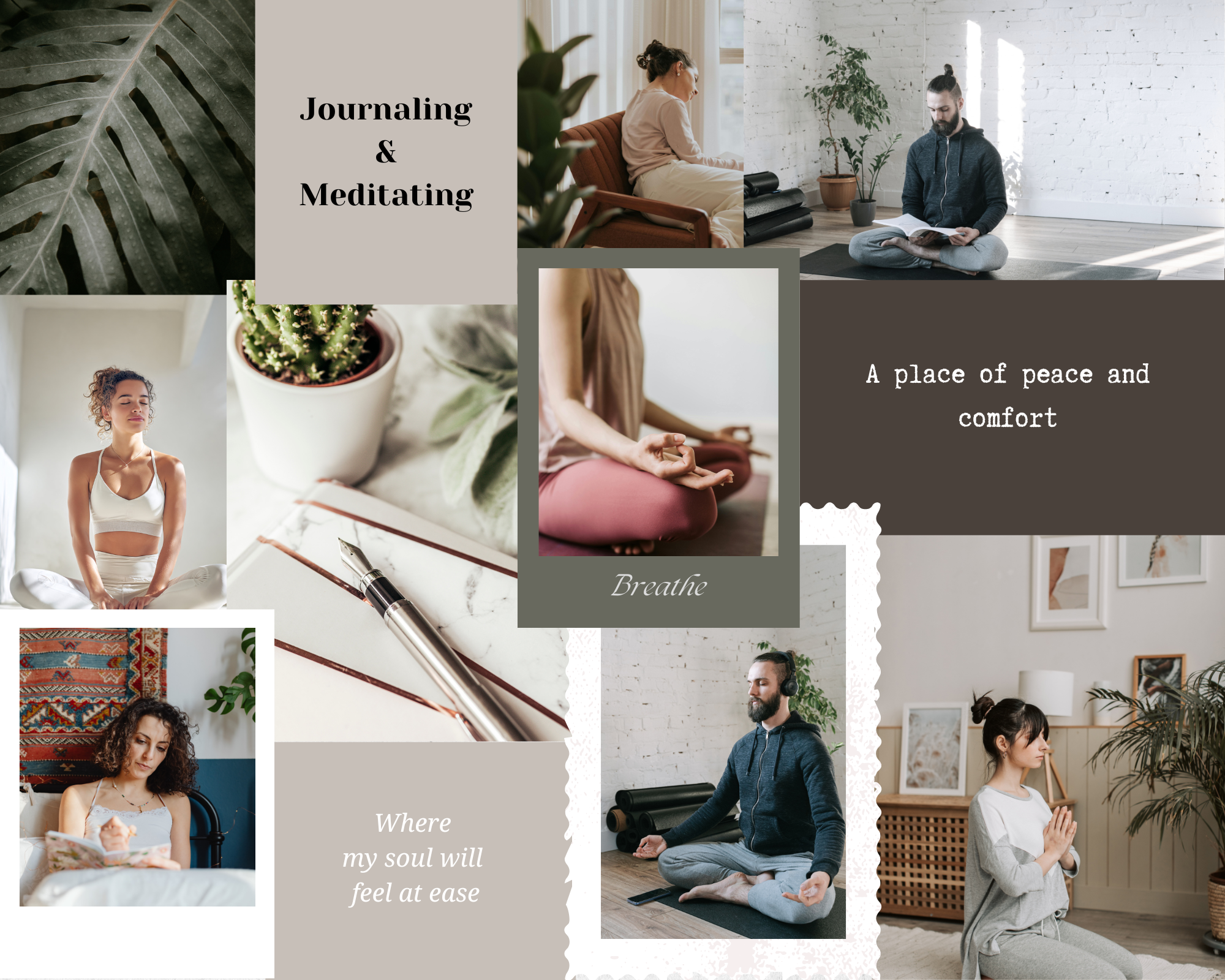 A calming collage of people journaling and meditating, practicing mindfulness, breathwork, and reflection, representing how journaling and meditation support emotional grounding and inner peace.