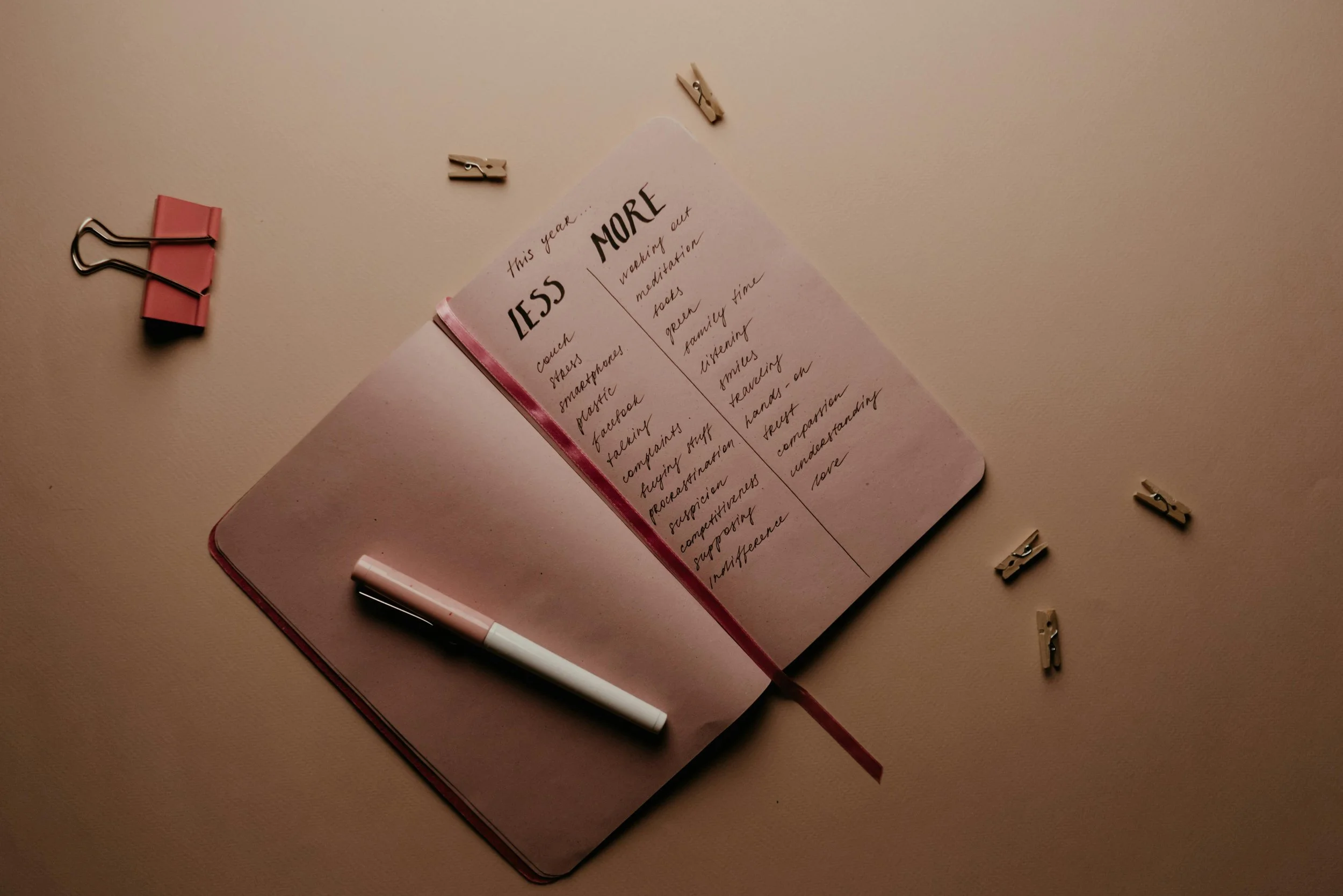 Open notebook with a “less/more” list, symbolizing over-functioners carrying too much responsibility and emotional labor.