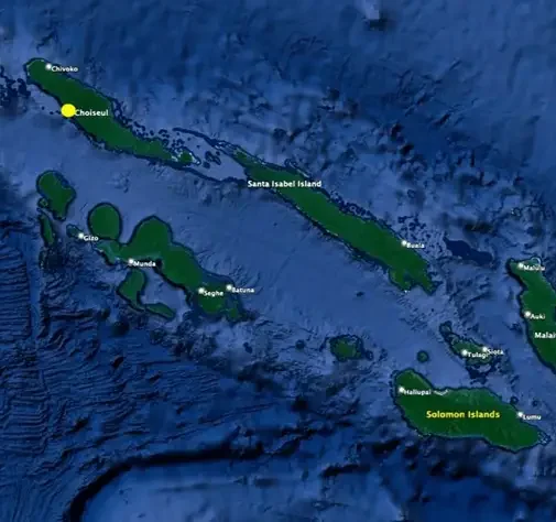 Map of the Solomon Islands, showing locations including Choiseul, Santa Isabel Island, Malaita, Guadalcanal, and the Solomon Islands archipelago.