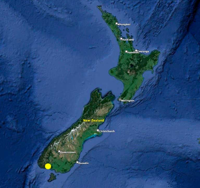 Map of the Rarakau Rainforest Conservation Project is location at the bottom of the South Island, New Zealand.