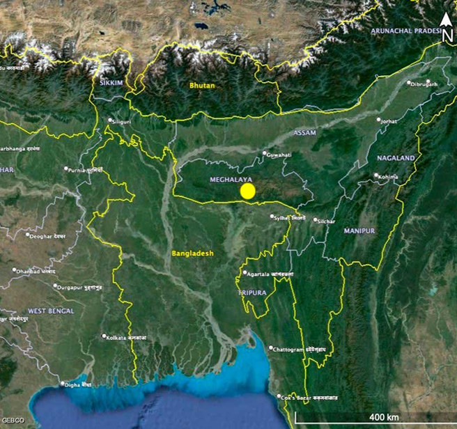 A map of the Khasi Hills Community REDD+ Project location in North East India, along the Umiam River in the East Khasi Hills District of Meghalaya.