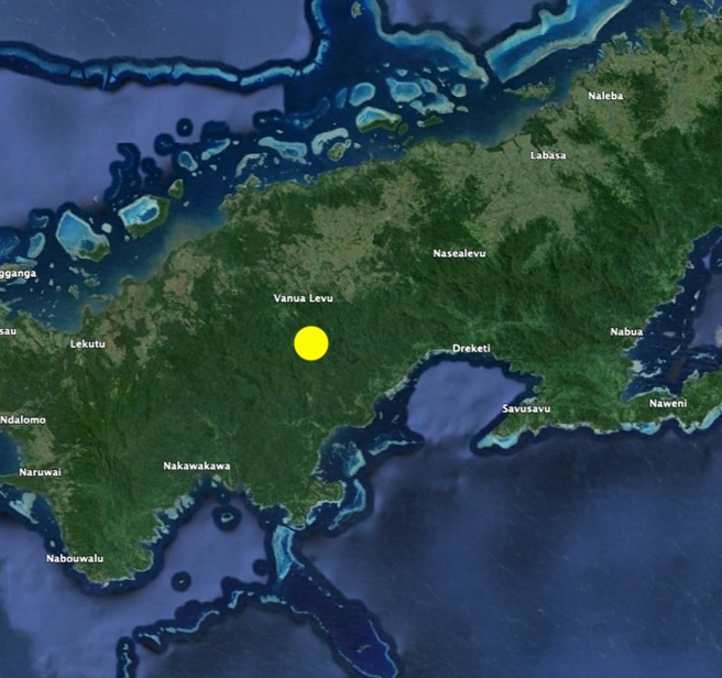 A close up map showing the Drawa Rainforest Conservation Project location in Fiji, on the Island of Vanua Levu.