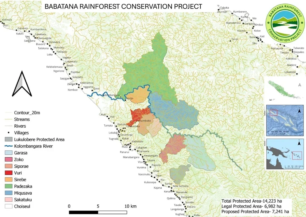 Map of Babatara Rainforest Conservation Project showing protected areas, rivers, streams, villages, and elevations in Tanzania.