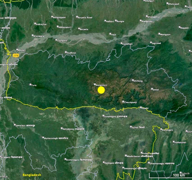 A close up map of the Khasi Hills Community REDD+ Project location in North East India, along the Umiam River in the East Khasi Hills District of Meghalaya.