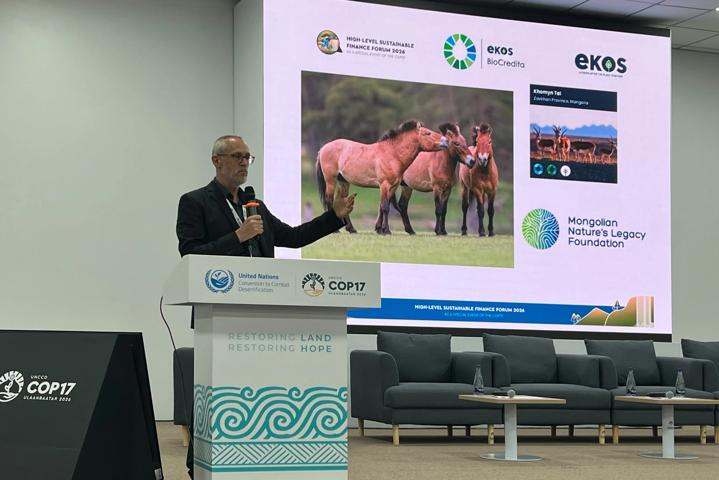 Ekos CEO Sean Weaver presenting at the High-Level Sustainable Finance Forum 2026, UNCCD COP17, Ulaanbaatar