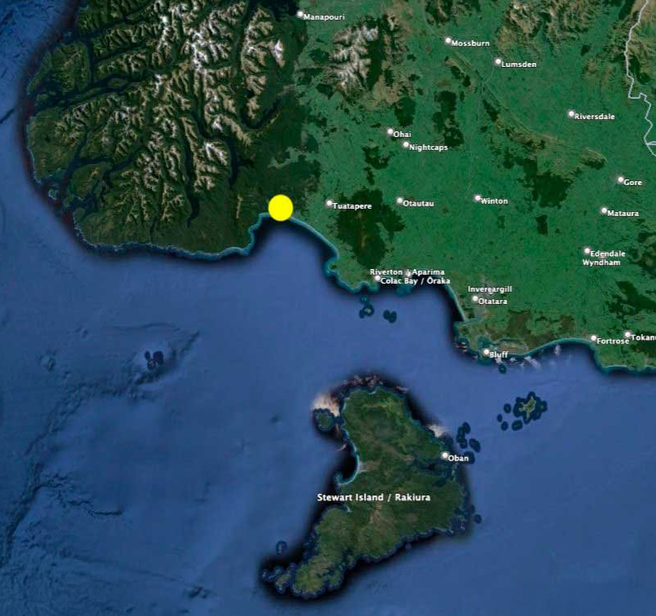 Close up map of the Rarakau Rainforest Conservation Project is location at the bottom of the South Island, New Zealand.