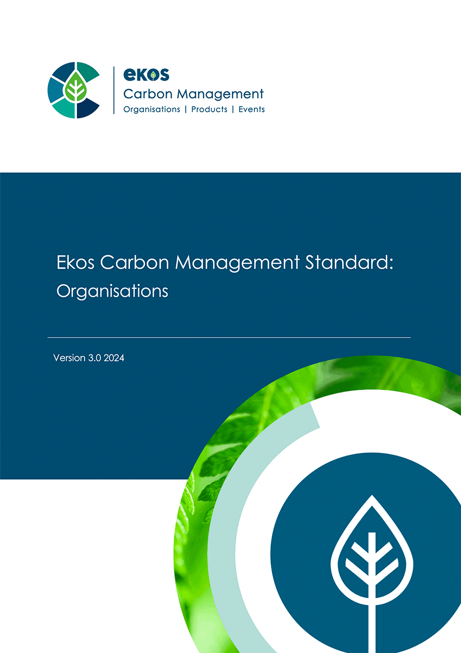 Cover page of the Ekos Carbon Management Standard document for organizations, Version 3.0, 2024, featuring a logo with a leaf inside a circle and green foliage in a circular design.