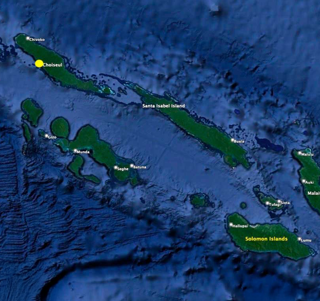 A map of the Babatana Rainforest Conservation Project located on the southern coast of Choiseul Island, in the Solomon Islands.
