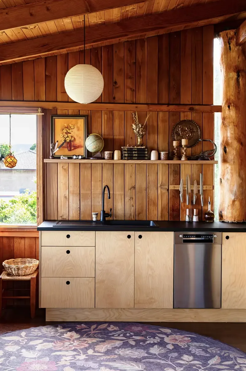 Kitchen with plywood cabinetry, raw tree trunk column, globe paper lantern and curated vintage shelf, Del Sol Treehouse Rosny Tasmania
