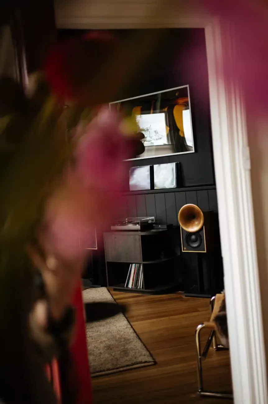 Listening lounge with turntable, vinyl record collection and Pitt and Giblin horn speaker, Ogee Guesthouse North Hobart Tasmania