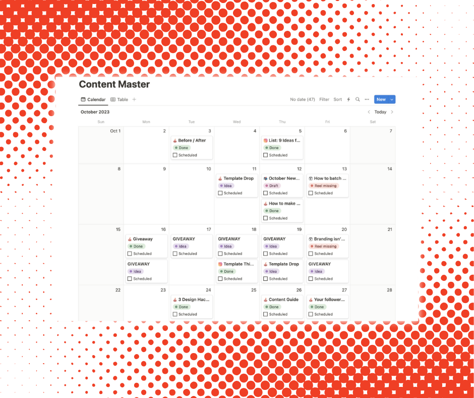 A digital calendar showing scheduled tasks for October 2023, including ideas, drafts, and completed items.