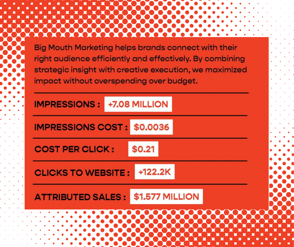 Red infographic with marketing data, including impressions, cost, clicks, website visits, and sales for Big Mouth Marketing.