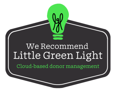 A badge with a green light bulb representing the Little Green Light logo. Text reads, “We Recommend Little Green Light Cloud based donor management."