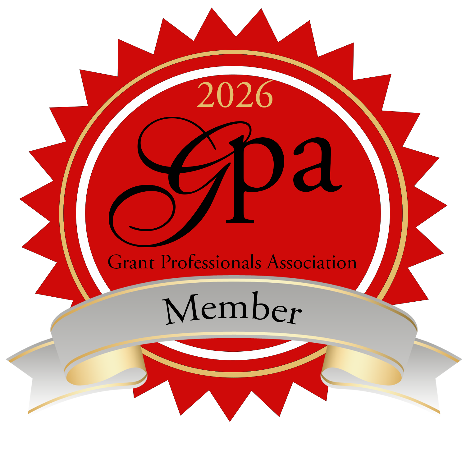A red sunburst with text that reads, "2026 Grant Professionals Association Member"