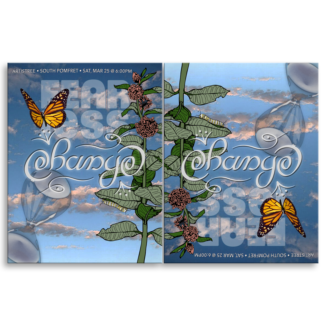 Playing with the idea that a chrysalis is an object that hangs beneath a branch or leaf, and the butterfly is one that flies up and away. This setting of the word "change" may be read from both perspectives.