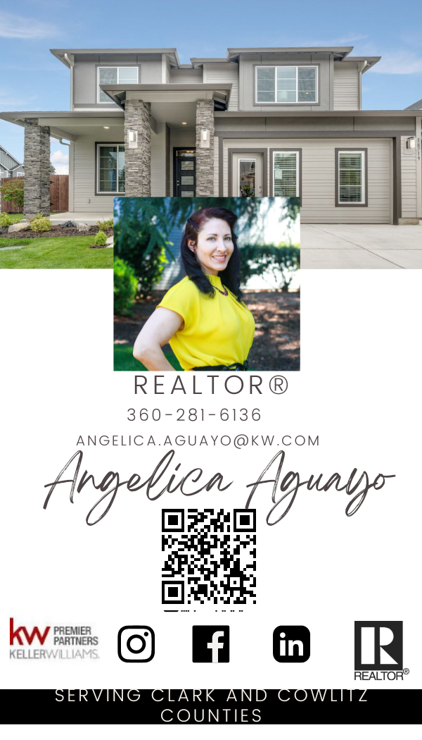Real estate agent flyer featuring a modern two-story house with gray siding, stone accents, and a green lawn, along with a portrait of a smiling woman in a yellow shirt, her contact information, social media icons, and a QR code.