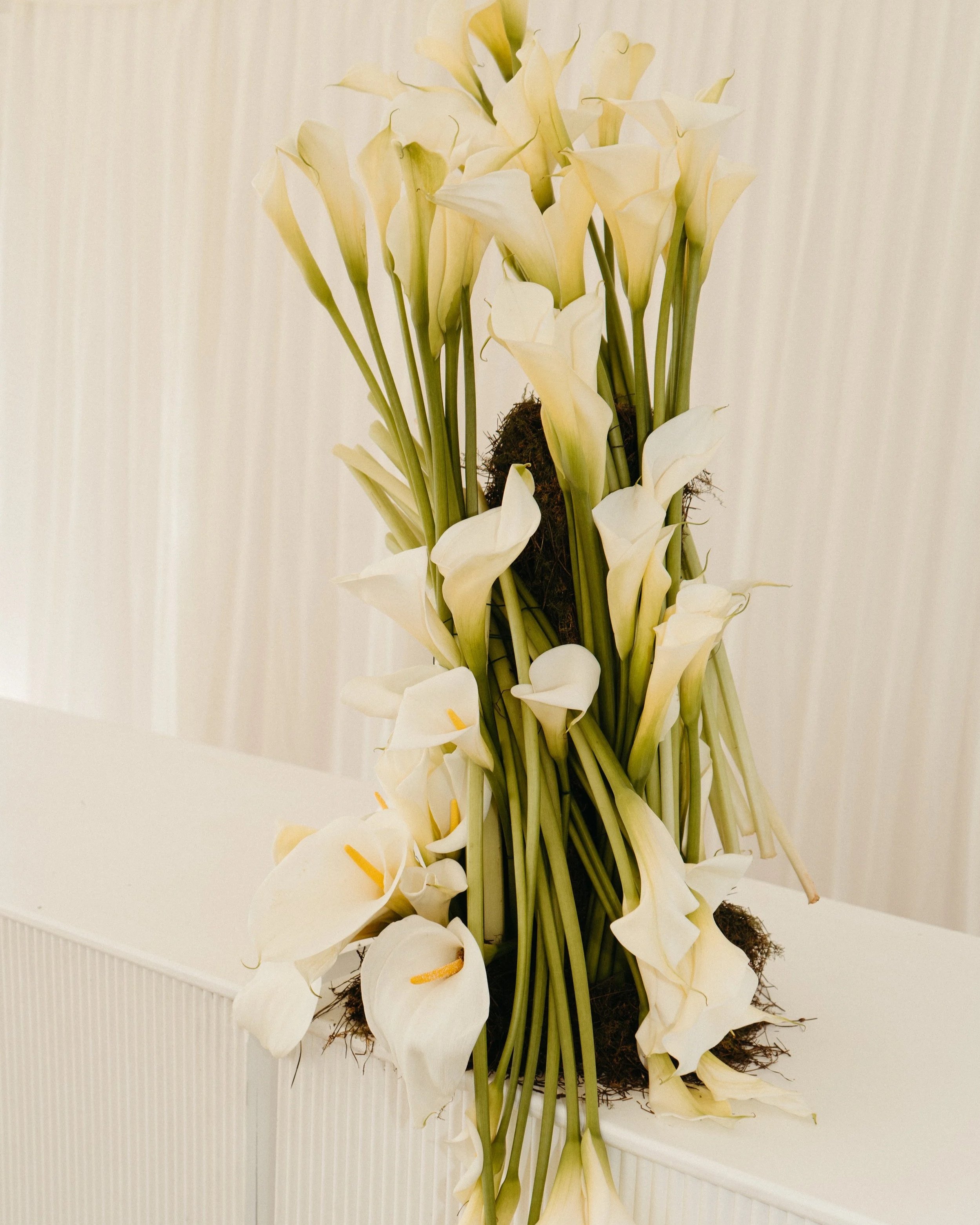 Bouquet of white calla lilies arranged on a white surface with a light-colored background