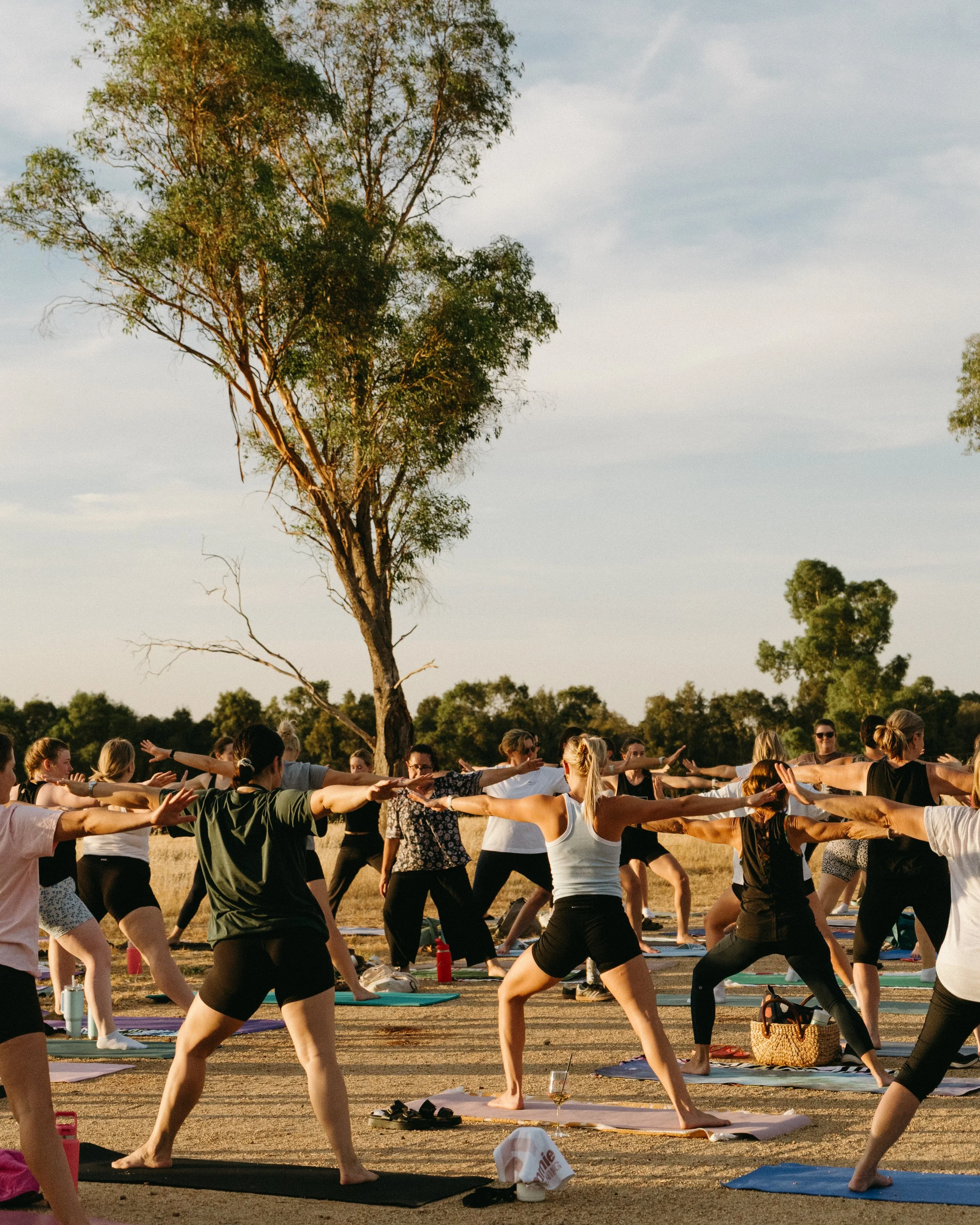 Group of people participating in an outdoor yoga class during sunset, practicing yoga poses on mats in a field, with trees in the background.