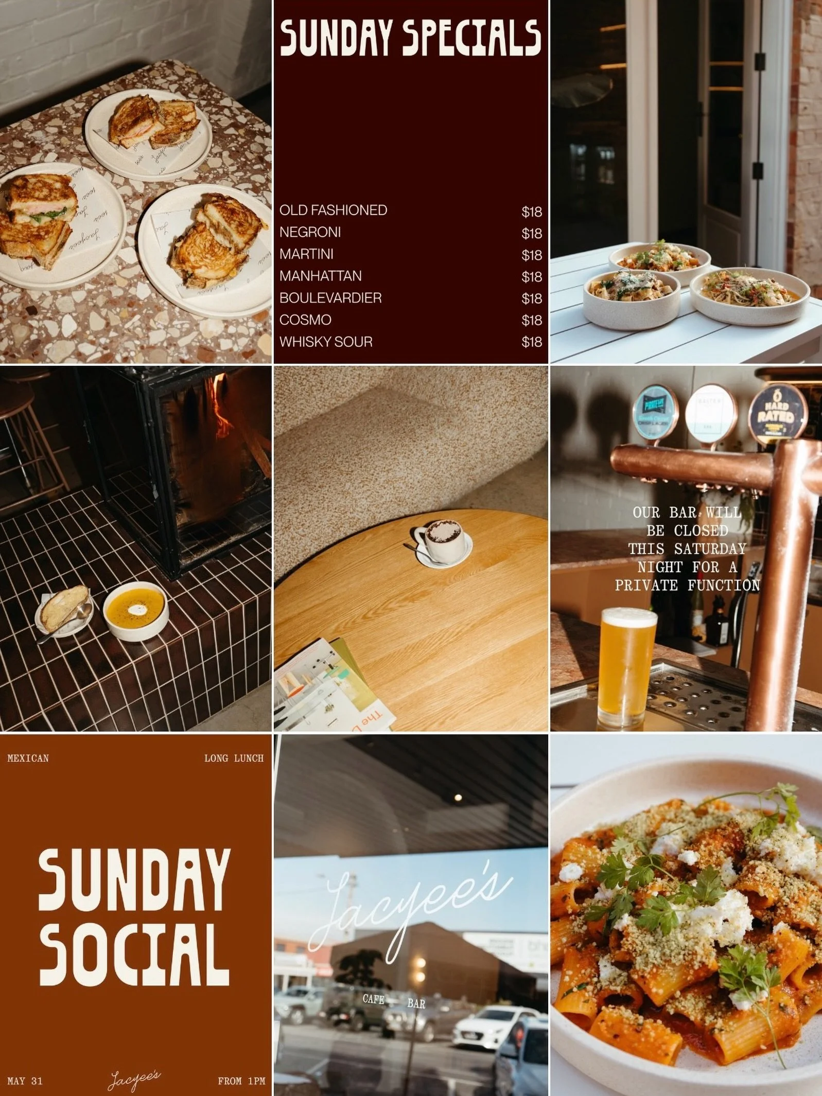 Menus change, events happen &amp; hours shift.

I make sure your socials stay up to date, consistent &amp; informative, so your customers never miss a beat. 

Example 〰️ @jacyees instagram feed. 

Social Media Management &amp; Photography / Content (