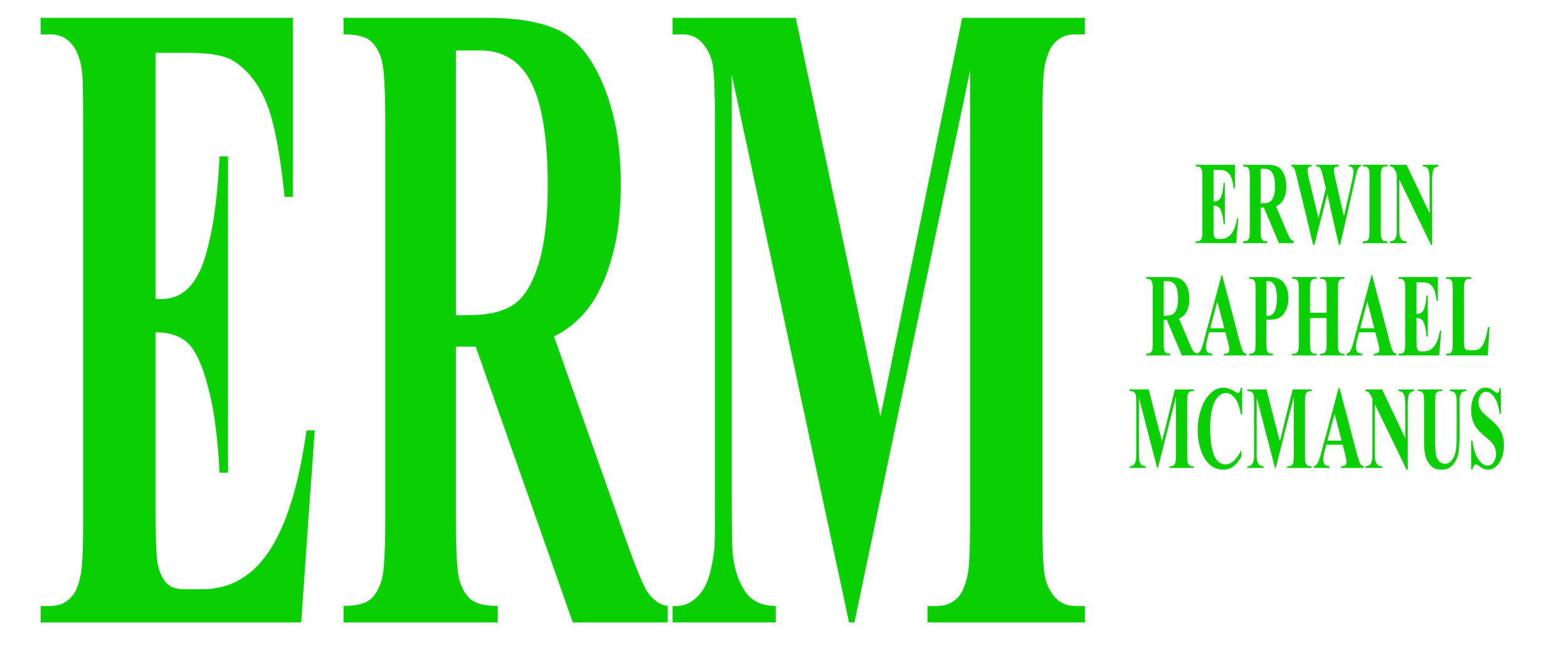 Green text displaying the words ERVM in large font, with the names Erwin Raphael McManus in smaller font beside it.