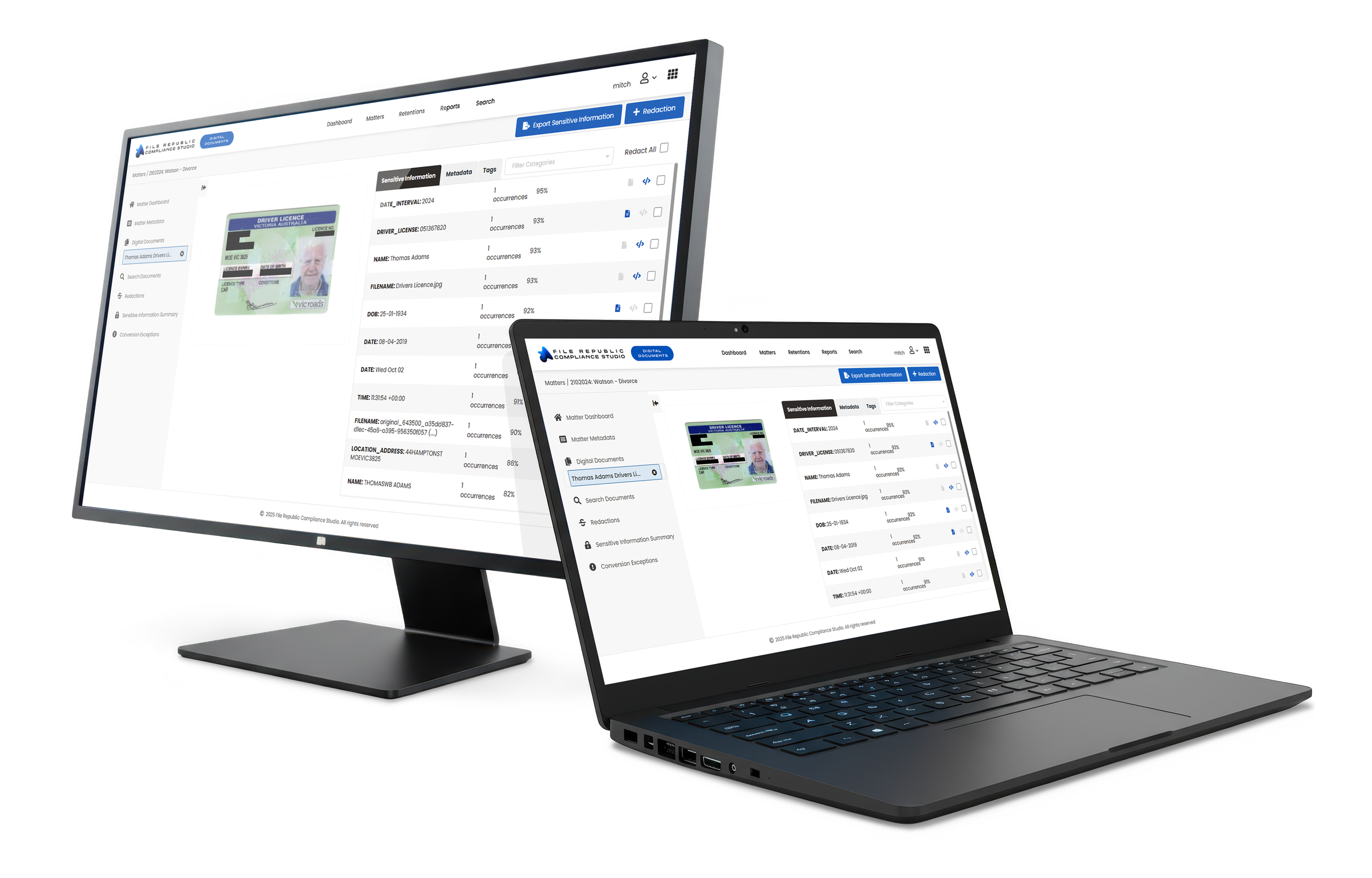 Computer monitor and laptop displaying digital documentation and sensitive information management system.