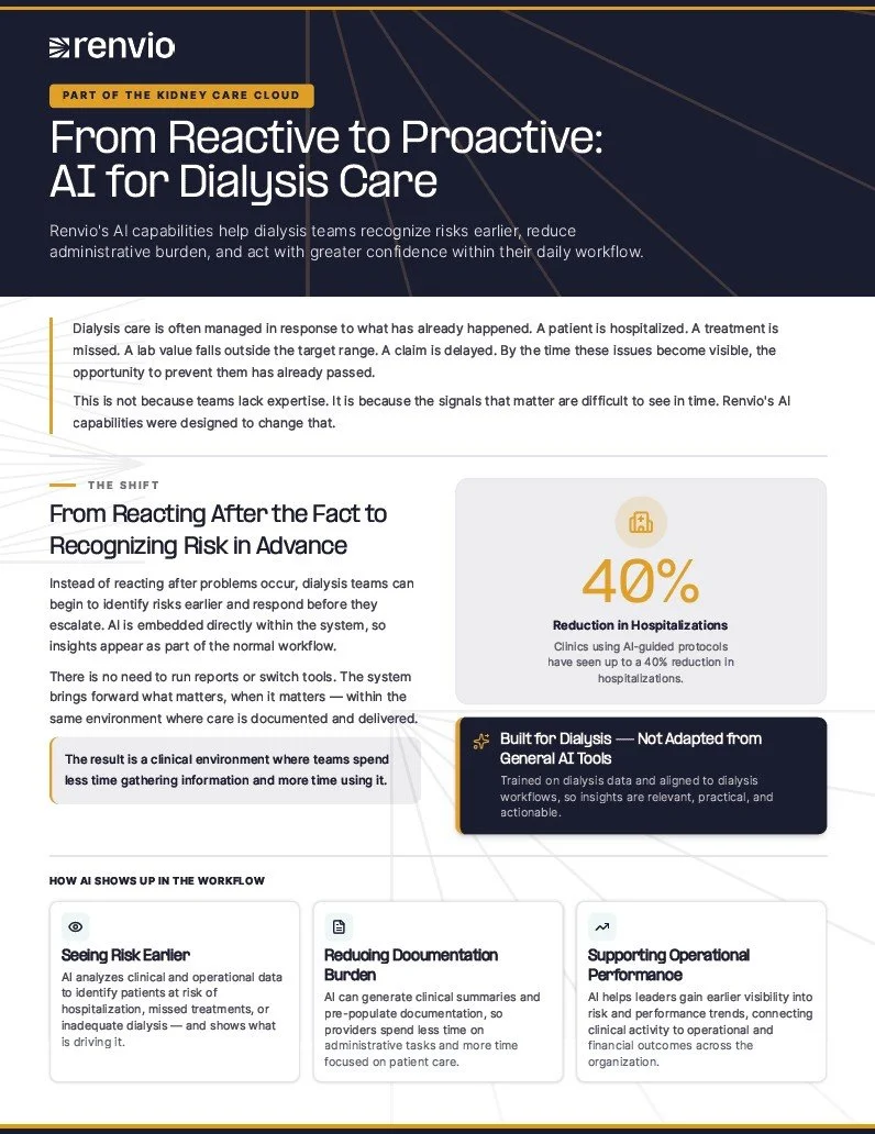 Overview of Renvio's AI capabilities for Dialysis Clinics