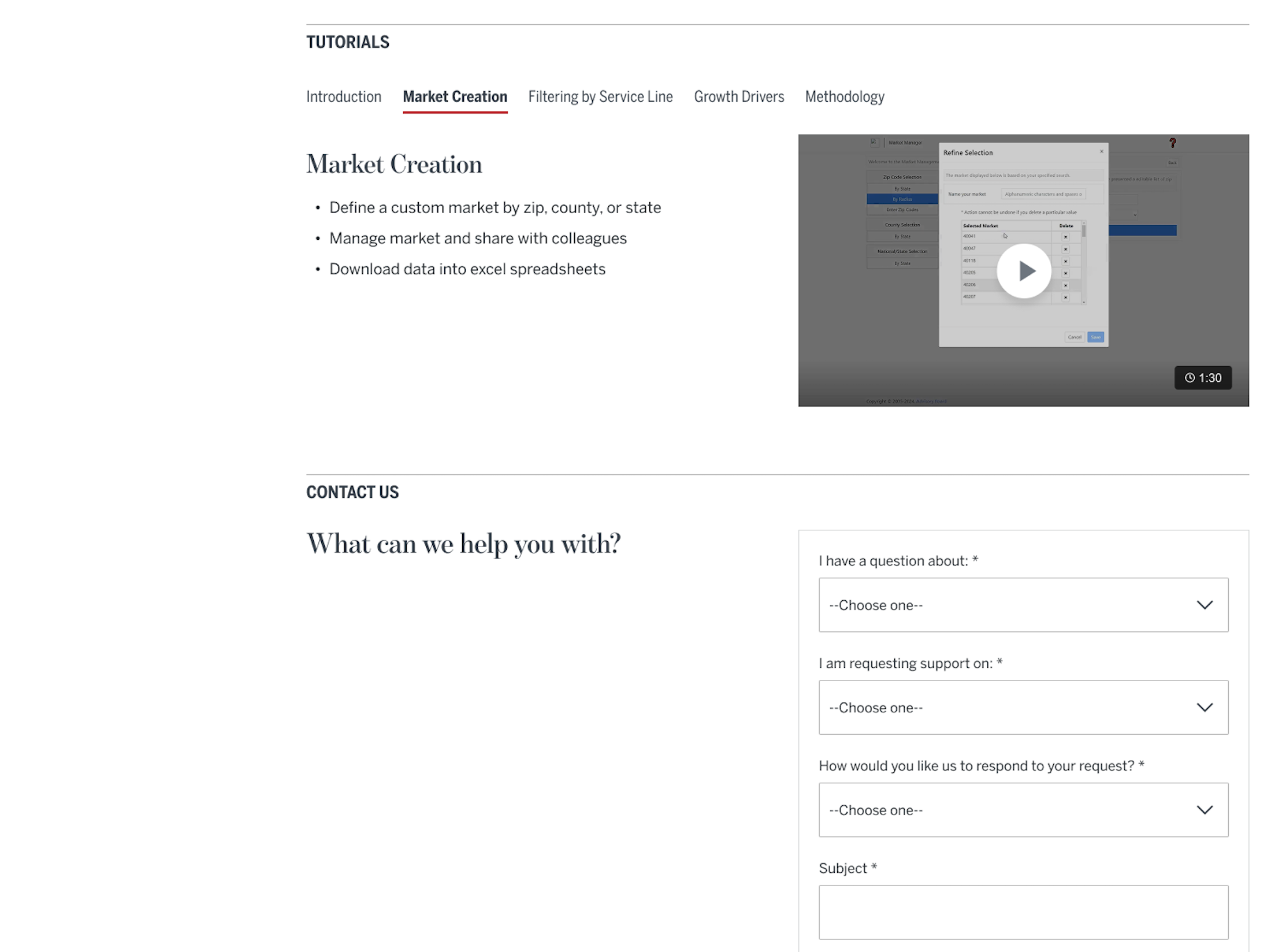 Bulleted summaries of tutorial videos + contact us form
