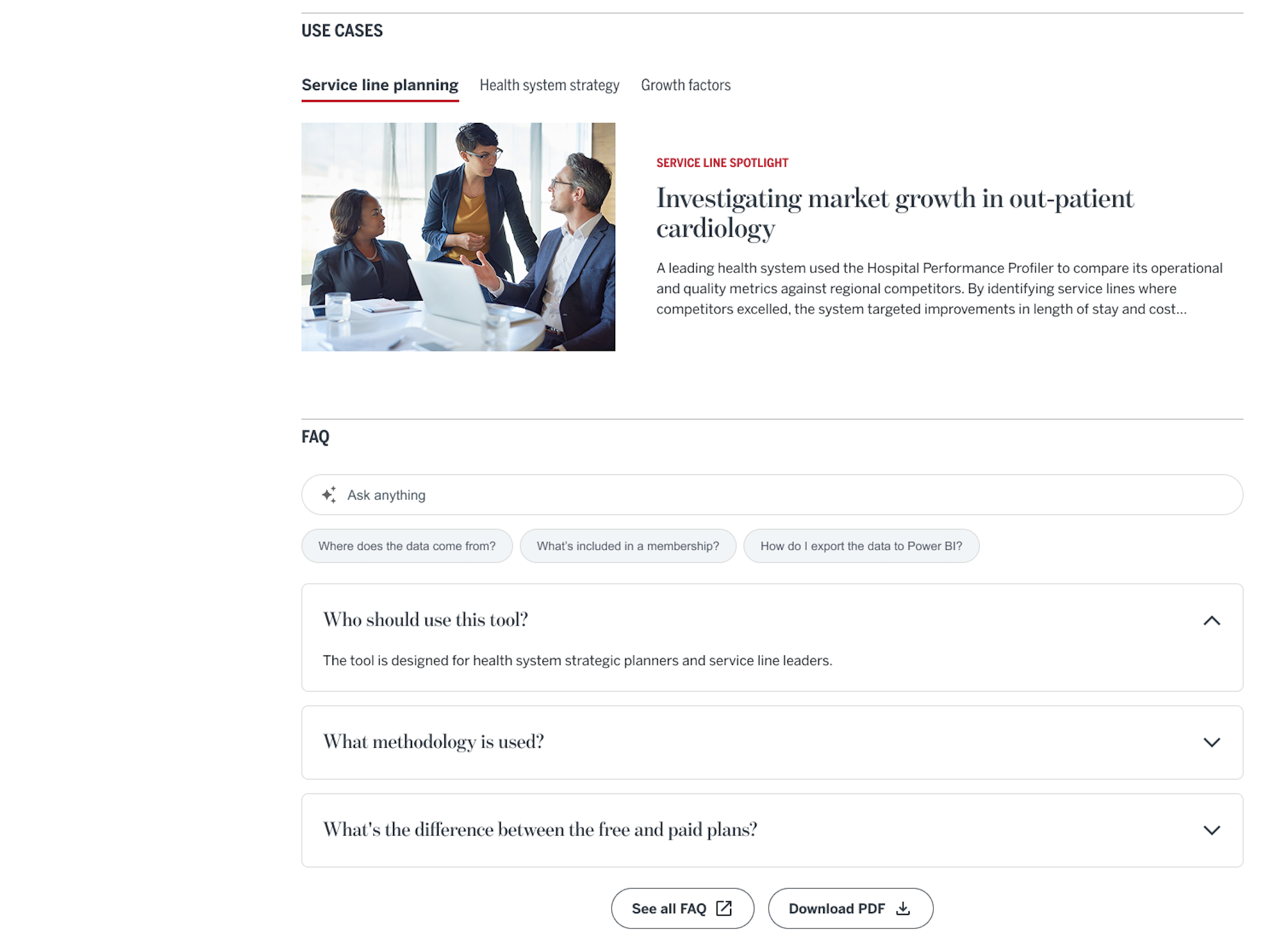 Use case examples and FAQs embedded on the page