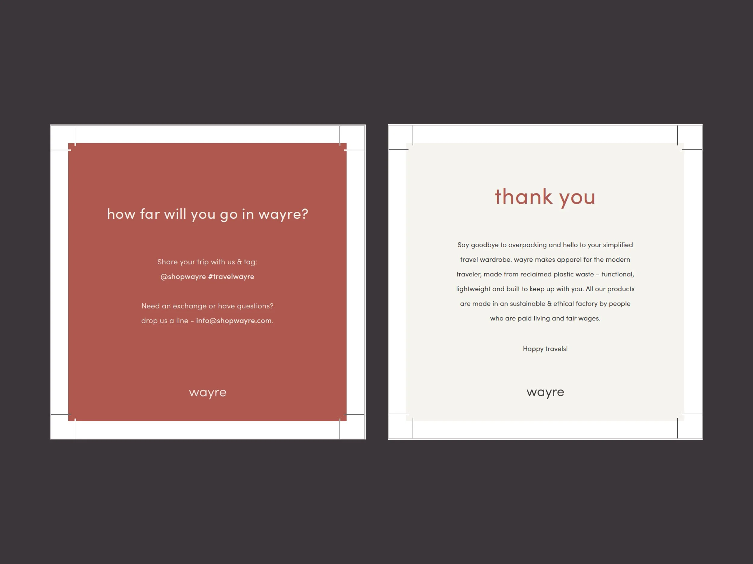 Brand welcome cards printed on fully recycled, fully recyclable paper... because everything at wayre is recycled and planet-friendly.