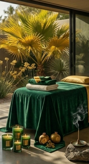A massage table covered with a green velvet cloth, with towels, a pillow, and candles in front of large glass window showing outdoor plants and palm trees.