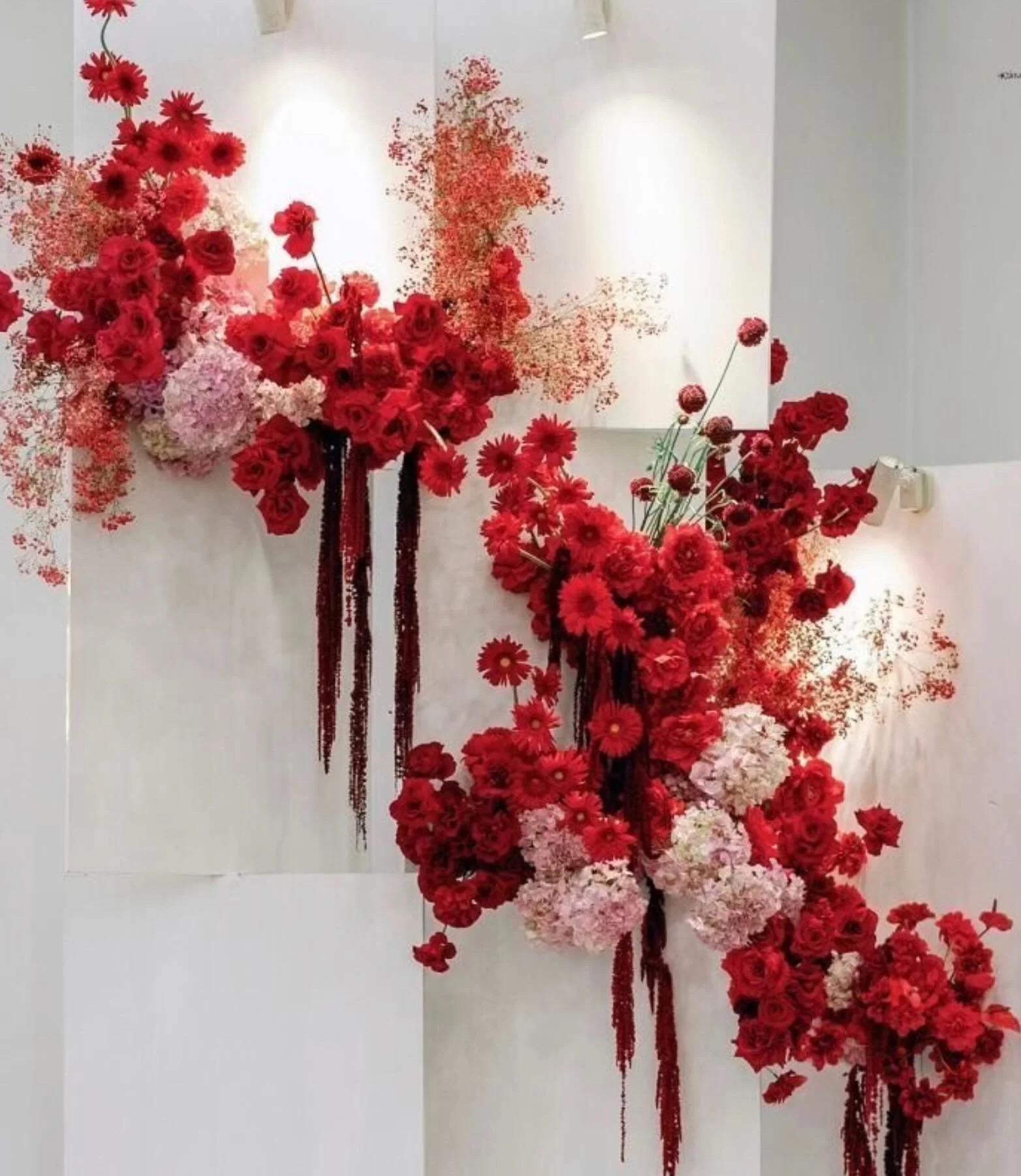 Red and pink floral arrangement with various flowers on a white wall, illuminated by spotlights.