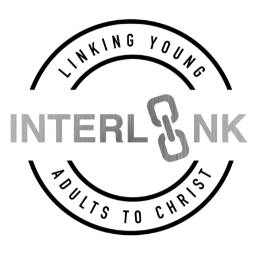 Logo with the words "Linking Young" above the word "Interlink" with chain links in the middle, and "Adults to Christ" below, arranged in a circular design.