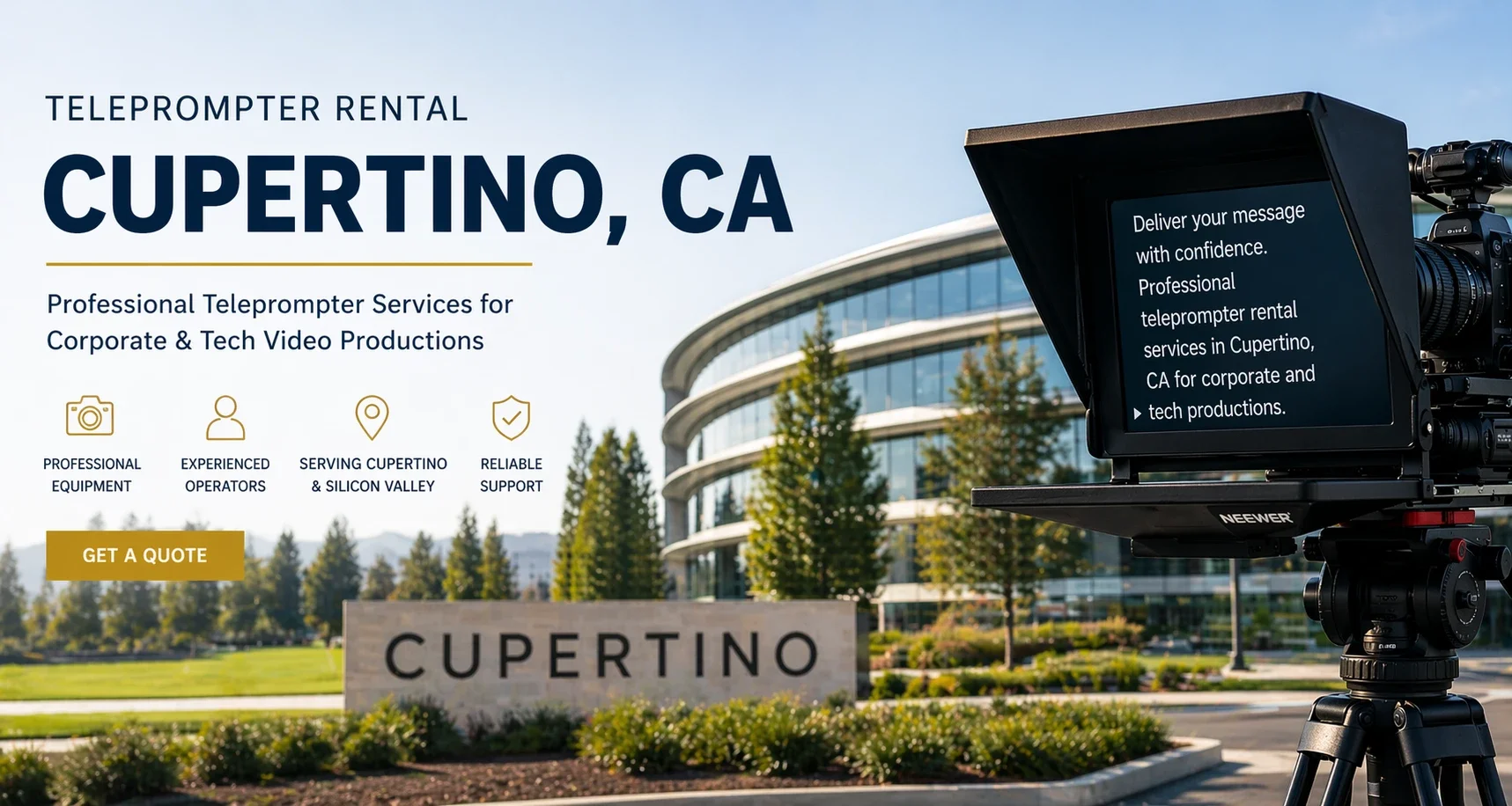 Teleprompter rental setup in Cupertino CA with camera and prompter in front of a modern corporate campus