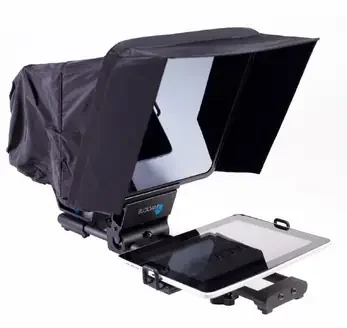 iPad prompter - A digital microscope with a black cover, a digital display, and a slide or sample holder, used for examining small objects or samples.