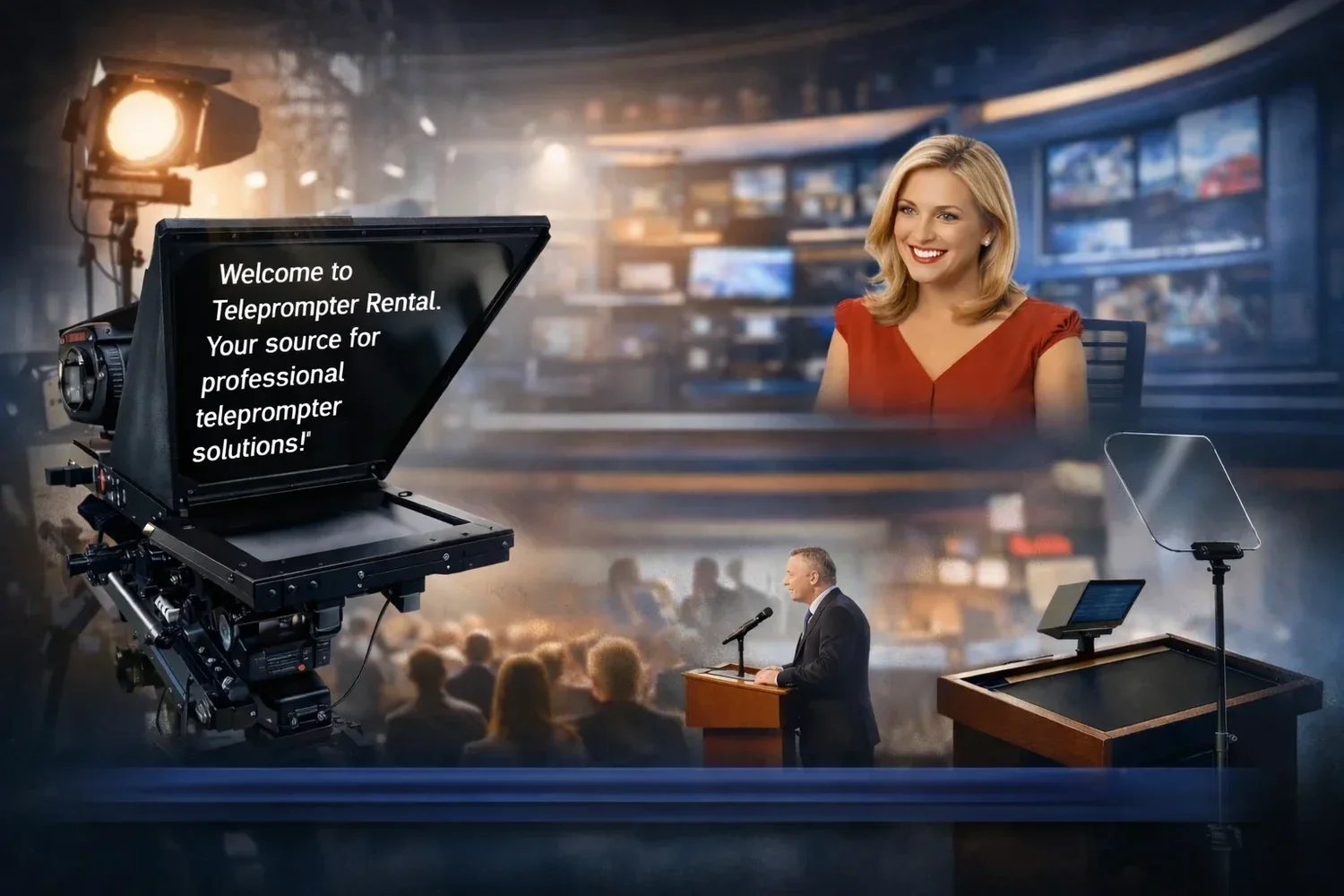 A woman smiling during a televised speech at a conference or event. A large camera with a screen displaying 'Welcome to Teleprompter Rental. Your source for professional teleprompter solutions!' is in the foreground. In the background, a man in a suit is speaking at a podium with an audience, and a teleprompter device is positioned near the podium. Bright stage lights illuminate the scene.